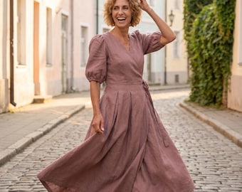 Classic women's linen secretary dress, minimalist wrap clothing, modest bridesmaid shift short rose frock, summer, spring, fall apparel