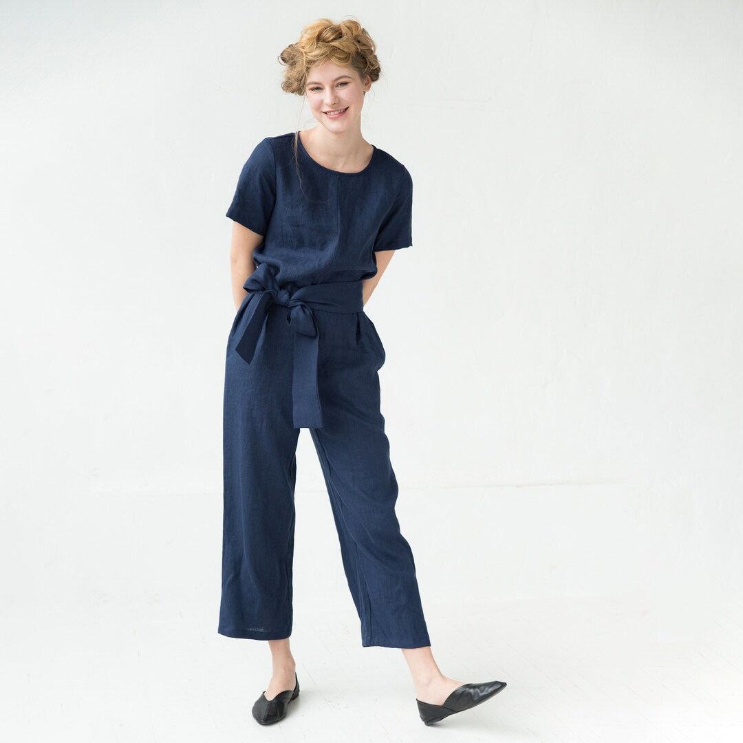 Linen Jumpsuit Linen Overall Blue Jumpsuit Belt Jumpsuit - Etsy