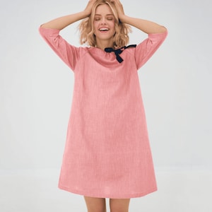 Minimalist Clothing, Pink Linen Dress, Wedding Guest Dress, Womens Fall Dresses, Flare Linen Dress, Cute Midi Dress, Loose Dress, LeMuse