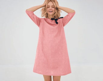 Minimalist midi women linen clothing, natural petite wedding guest dress, mother of the bride shift short frock, summer apparel