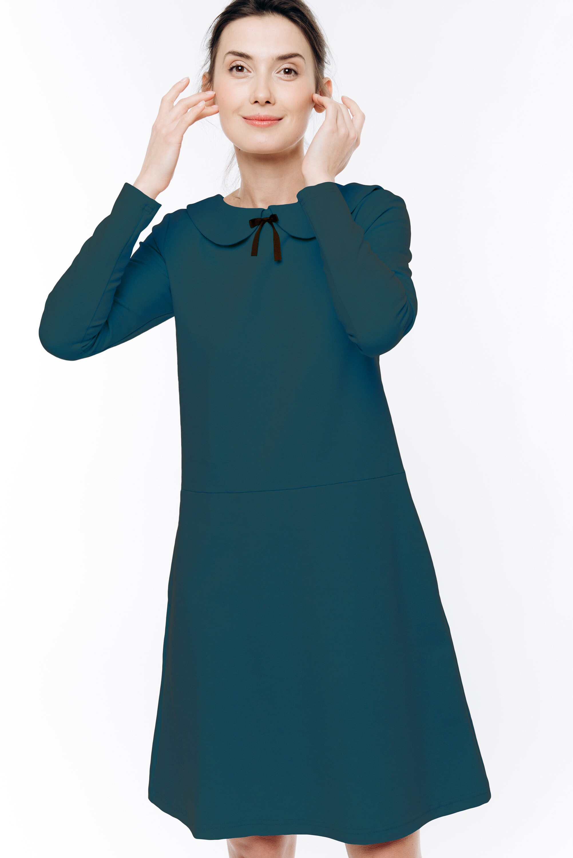 LeMuse Elegant Dress, Peter Pan Collar Dress, Long Sleeve Dress, Petrol Green Dress, Loose Dress, Winter Dress, Minimalist Clothing, Oversize