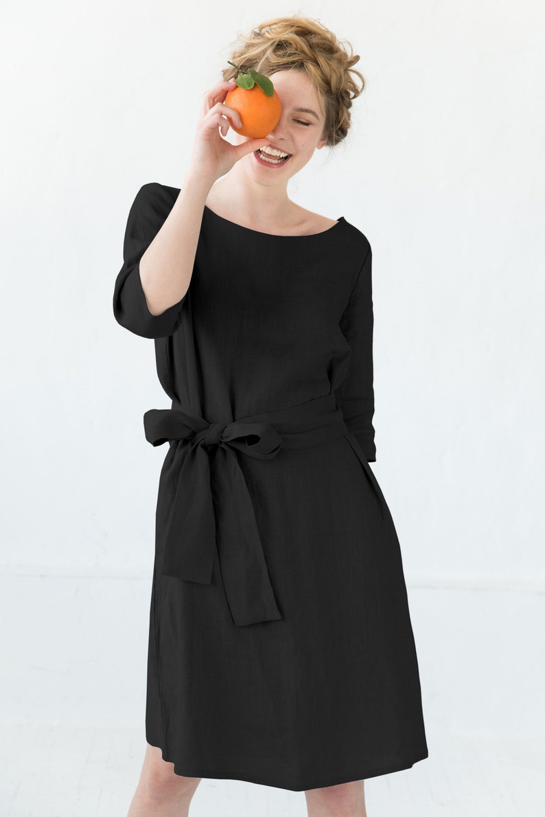 Belt Dress Linen Clothes Holiday Dress Midi Dress Petite Dress Elegant Dress Oversize Summer Linen Dress Loose Dress Black Dress