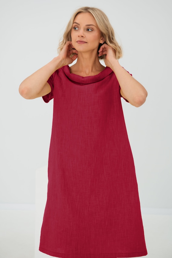 Minimalist Red Linen Sleeveless Dress, Office Receptionist Frock, A Line Simple Dress, Modest Dress, Linen Clothing, Work Dress, Lemuse
