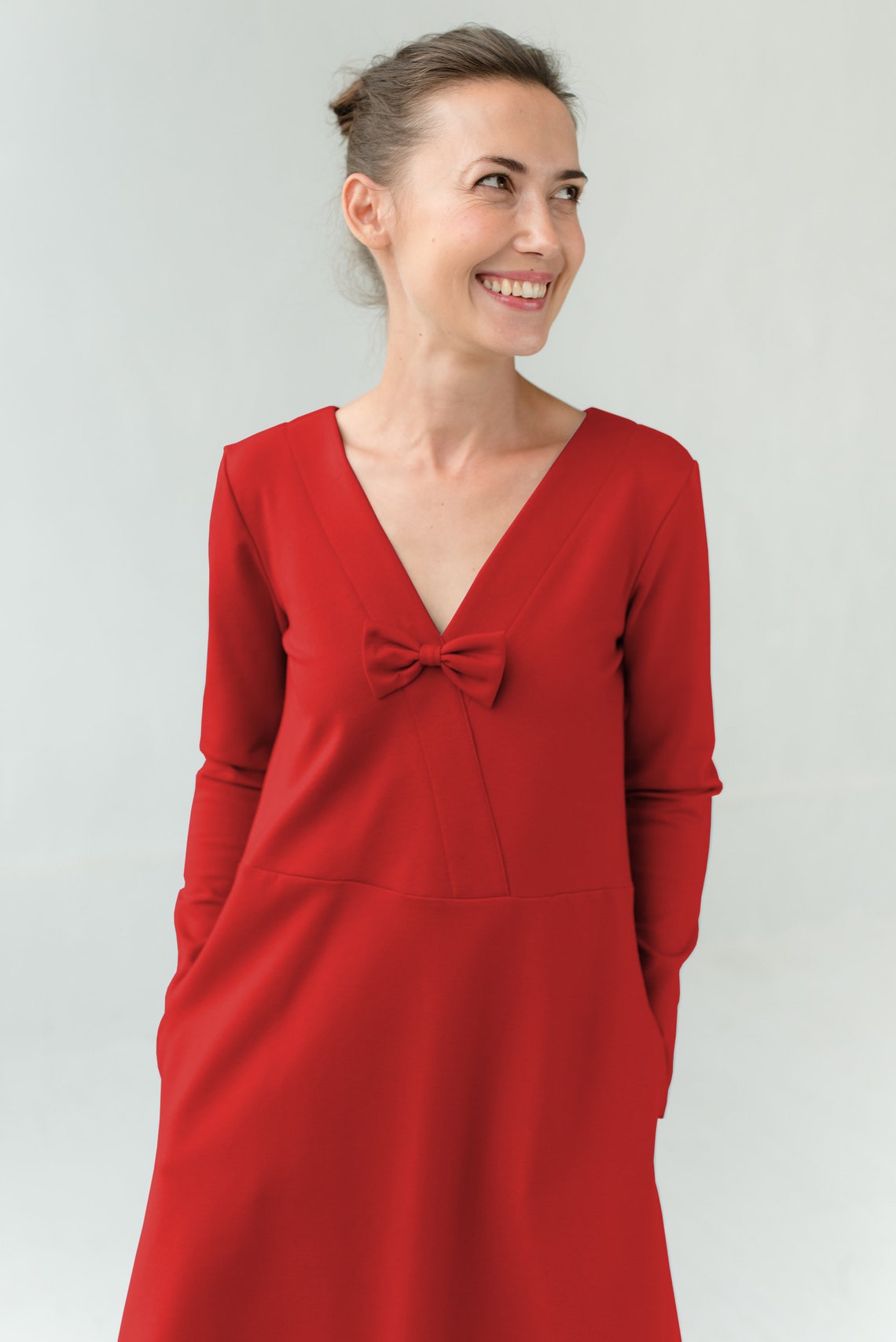 Women Dress V Neck Dress Elegant Dress Pocket Dress Long Etsy