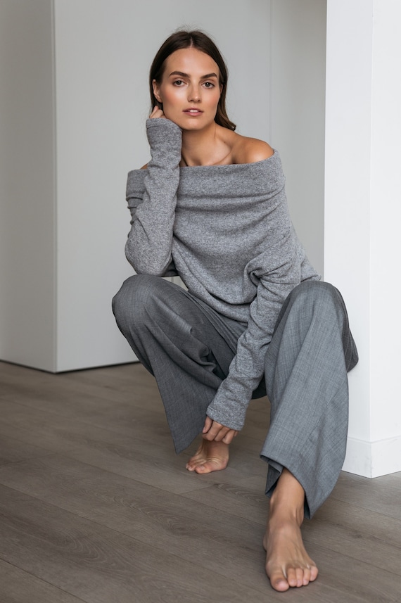 Gray Wool Sweater Women, Minimalist Clothing, off Shoulder Sweater
