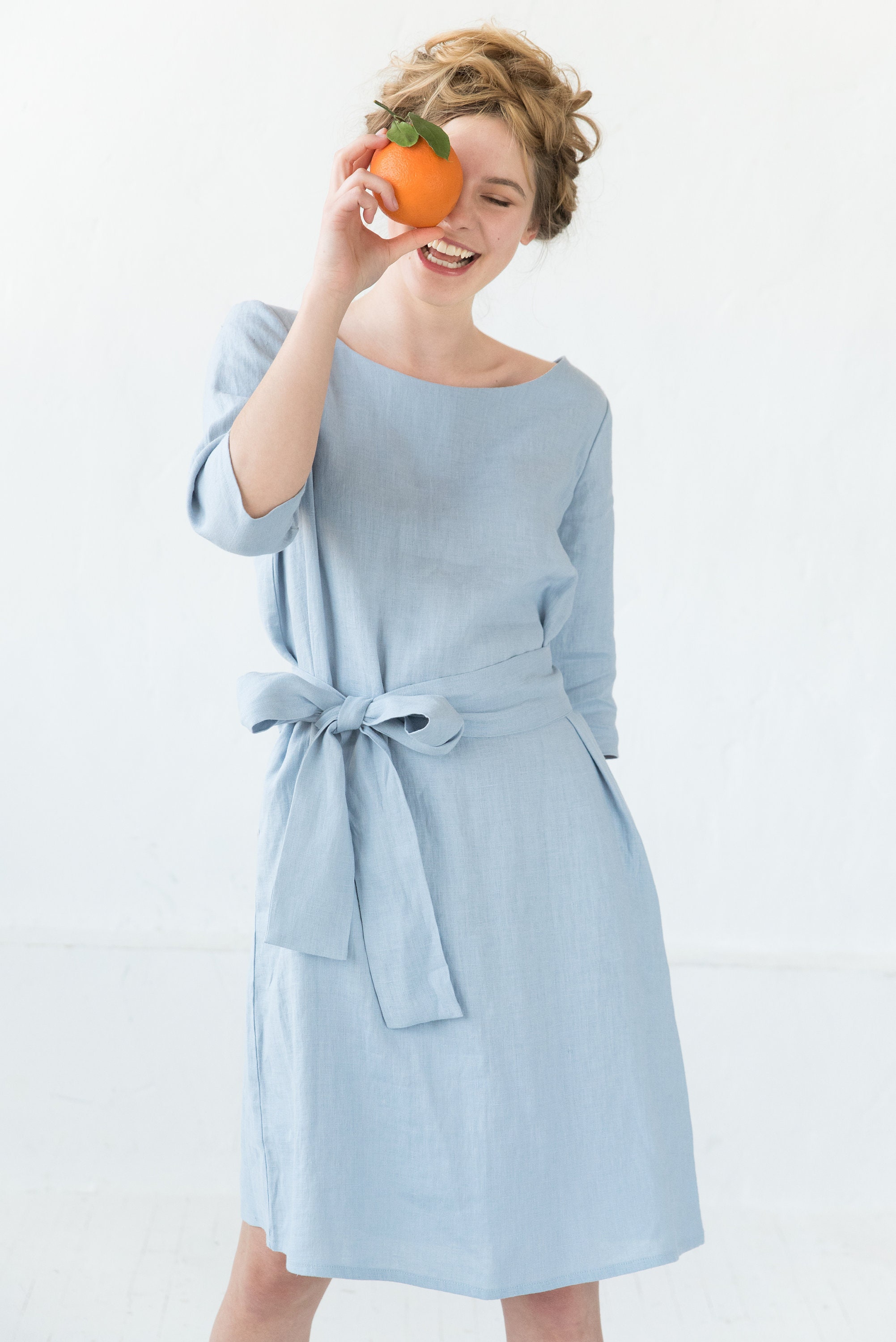 Women Linen Dress Midi Linen Dress Light Blue Dress Elegant Etsy
