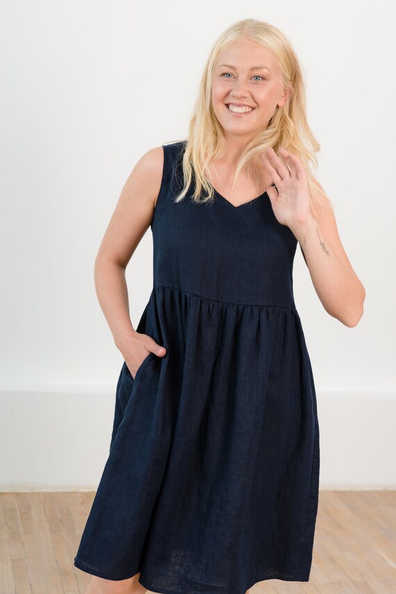 Linen Smock Dress Dark Blue Dress Sleeveless Dress Linen Modest