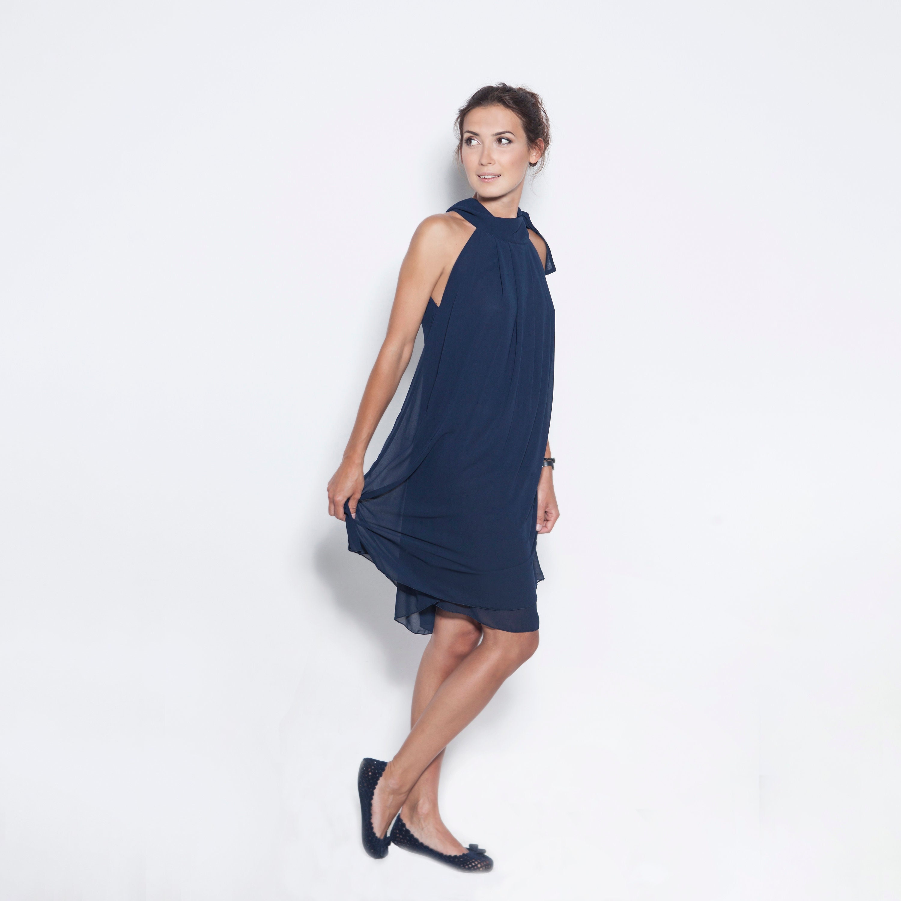 Blue Chiffon Dress Halter Dress Knee Length Navy Blue Petite