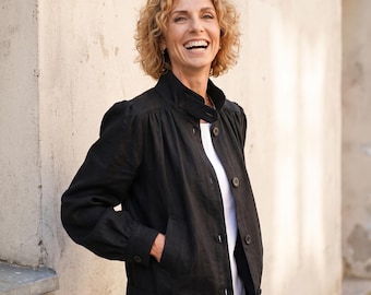 Minimalist women's linen jacketwith pockets, receptionist workwear blazer, modest office shift short rose clothing, summer, fall apparel