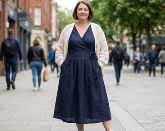 Plus size linen teacher dress, minimalist wrap clothing with pockets, modest bridesmaid shift short rose frock, summer, spring, fall apparel