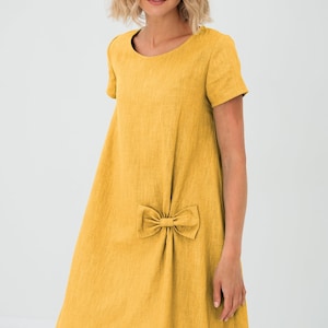 Wedding Guest Dress, Formal Linen Dress, Womens Clothing, Cocktail Dress, Linen Dress, Bow Dress, Elegant Dress, Loose Linen Dress, LeMuse Yellow