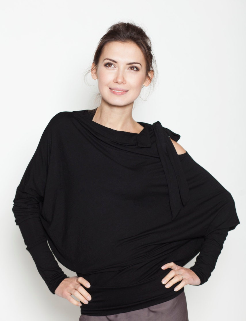 Black Viscose Asymmetric Lemuse Blouse With a Bow on the - Etsy UK