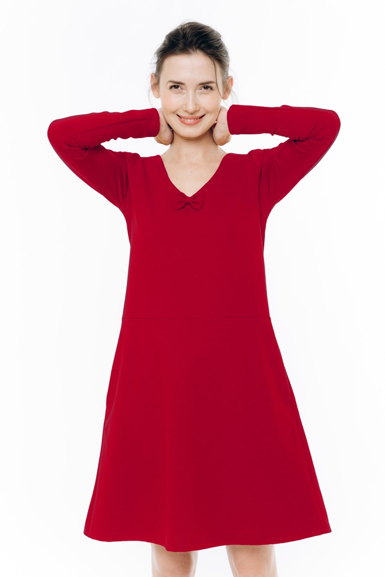 Women Red Dress, Loose Dress, Elegant Dress, Long Sleeve Dress, Minimalist Clothing, Formal Dress, Cocktail Dress, Bow Dress, Winter image 2