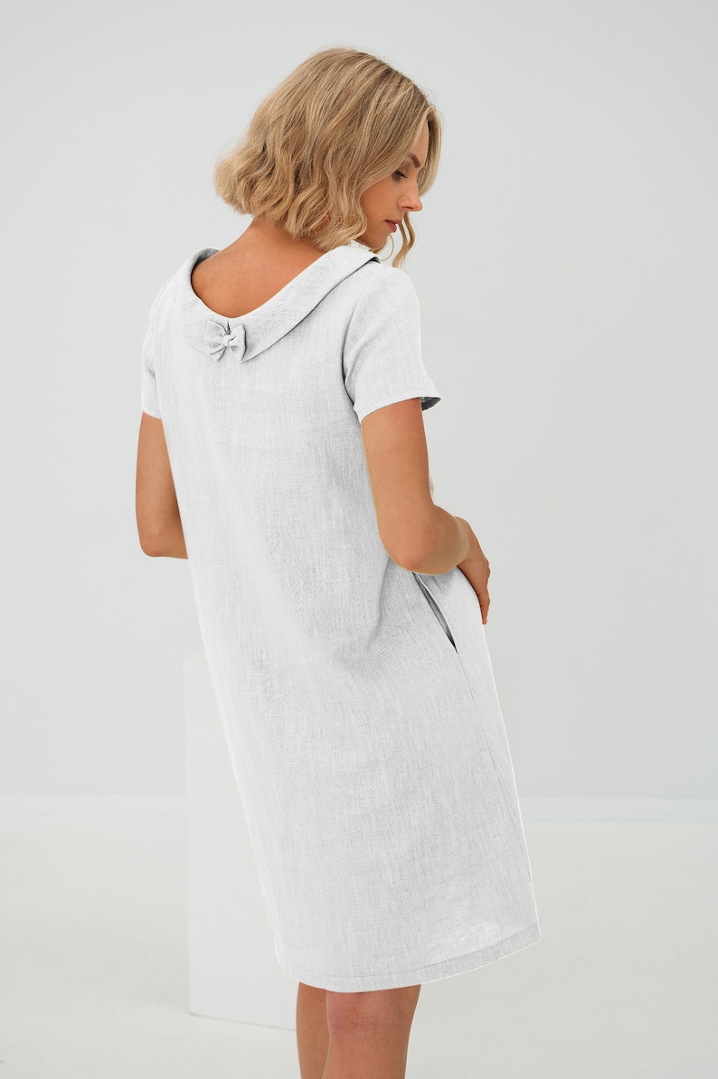Linen Dress, Women's Clothing, Minimalist Dress With Short Sleeves, Linen Clothing, Modest Linen Dress With Back Ribbon