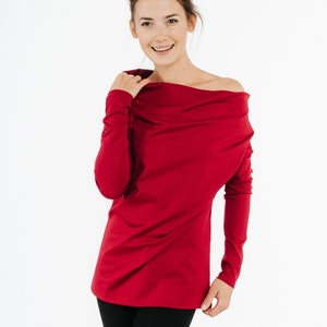 Red Off Shoulder Top, LeMuse Blouse, Christmas Top, Long Sleeve Top, Elegant Blouse, Minimalist Clothing, Holiday Blouse, Womens Clothing image 2