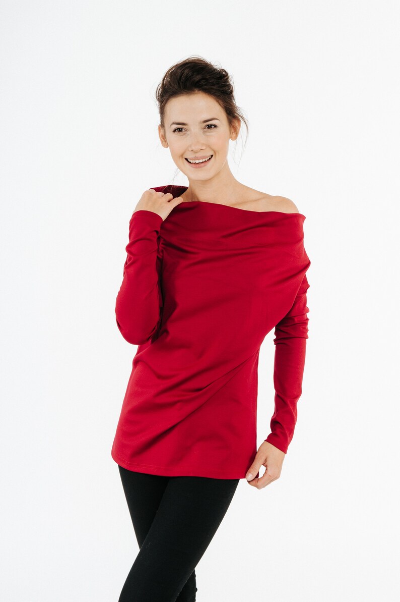 Red Off Shoulder Top, LeMuse Blouse, Christmas Top, Long Sleeve Top, Elegant Blouse, Minimalist Clothing, Holiday Blouse, Womens Clothing image 2