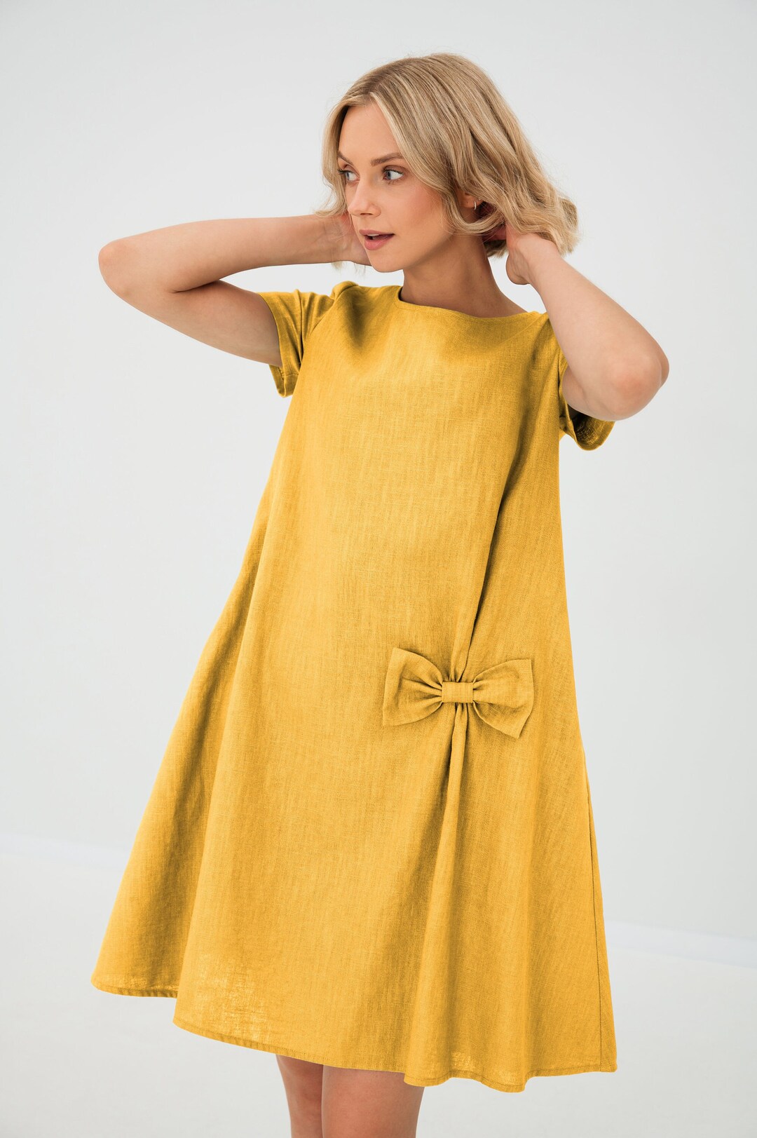 Minimalist Yellow Linen DressFor Women, Midi Dress, Petite Cocktail Frock, Fall Style, Linen Clothing, Oversize Dress, Washed Linen Dress