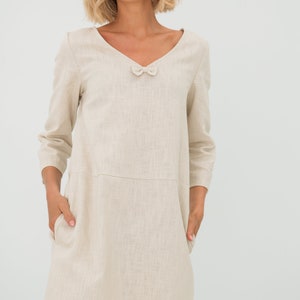 Sun Linen Dress, Beige Linen Dress, V Neck Linen Dress, Linen Clothing, Loose Linen Dress, Simple Linen Dress, Mid Century Modern, Lemuse image 2