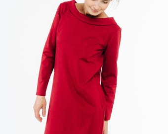 Women's longsleeves cotton dress , simple midi frock with cowl neck, petite receptionist clothing, teacher apparel