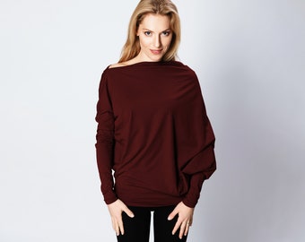 Burgundy Top, Off Shoulder Top, Winter Blouse, Elegant Top For Women, Back Button Top, Loose Long Sleeve Blouse, Formal Womens Blouse,LeMuse