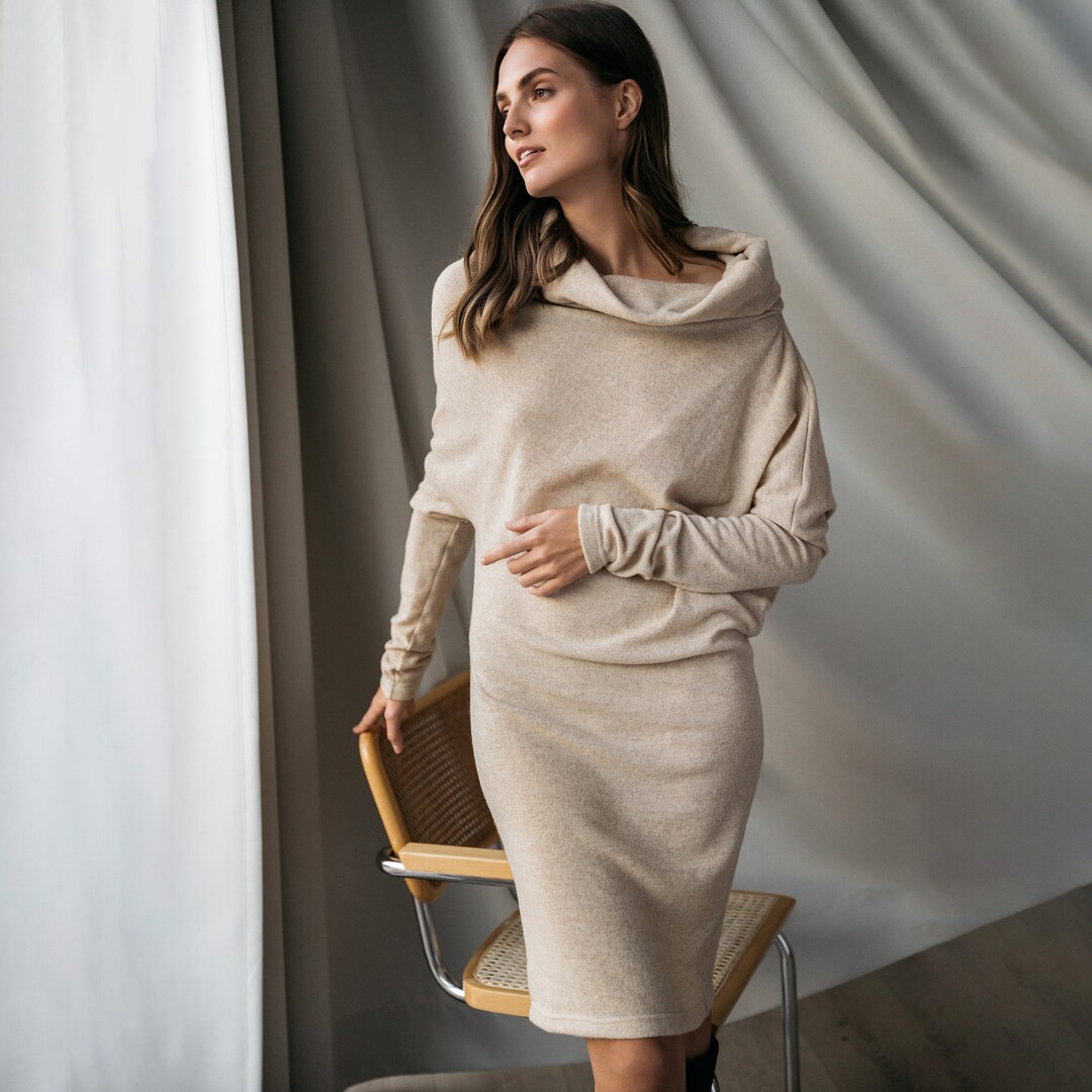 Cream Wool Dress by Lemuse, off Shoulder Dress, Winter Sweater Dress