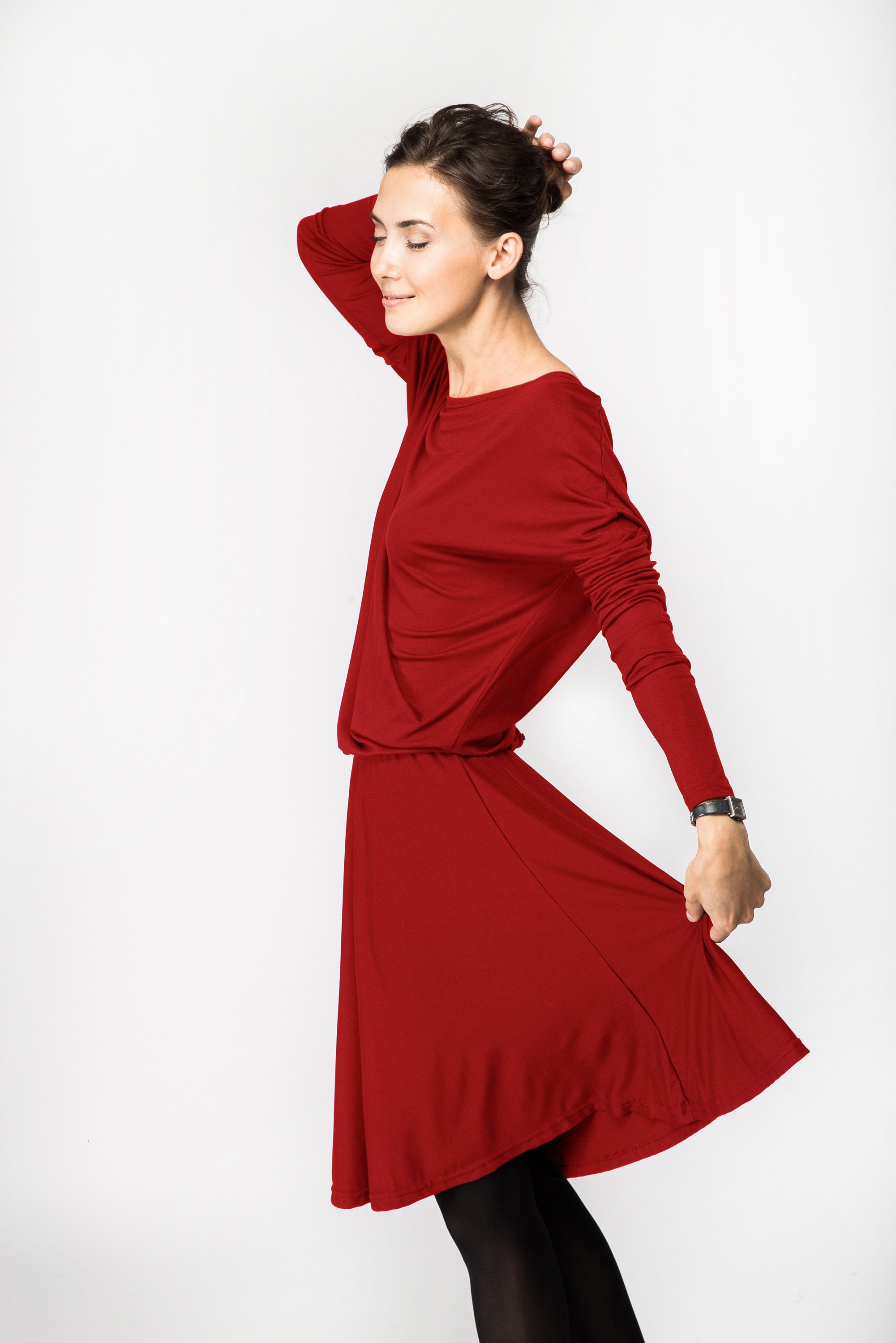 Women Red Dress Long Sleeve Dress Flare ...