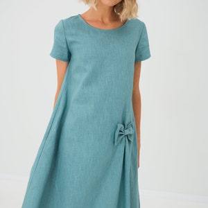 Vestido de lino para mujer, vestido azul, vestido de línea, vestido de lazo, ropa de lino, vestido de verano, vestido suelto, vestido de lino lavado, vestido de gran tamaño imagen 7