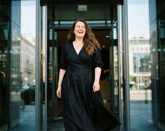 Plus size linen vetements femme, teacher dress, minimalist wrap clothing with pockets, modest bridesmaid shift short rose frock fall apparel
