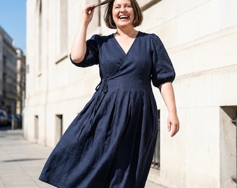 Plus size linen wrap dress with pockets, minimalist clothing, modest bridesmaid shift short rose frock, summer, spring, fall apparel