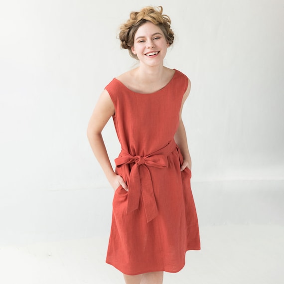 Orange Linen Dress Belt Dress Summer Dress Sleeveless - Etsy