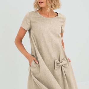 Wedding Guest Dress, Formal Linen Dress, Womens Clothing, Cocktail Dress, Linen Dress, Bow Dress, Elegant Dress, Loose Linen Dress, LeMuse Beige