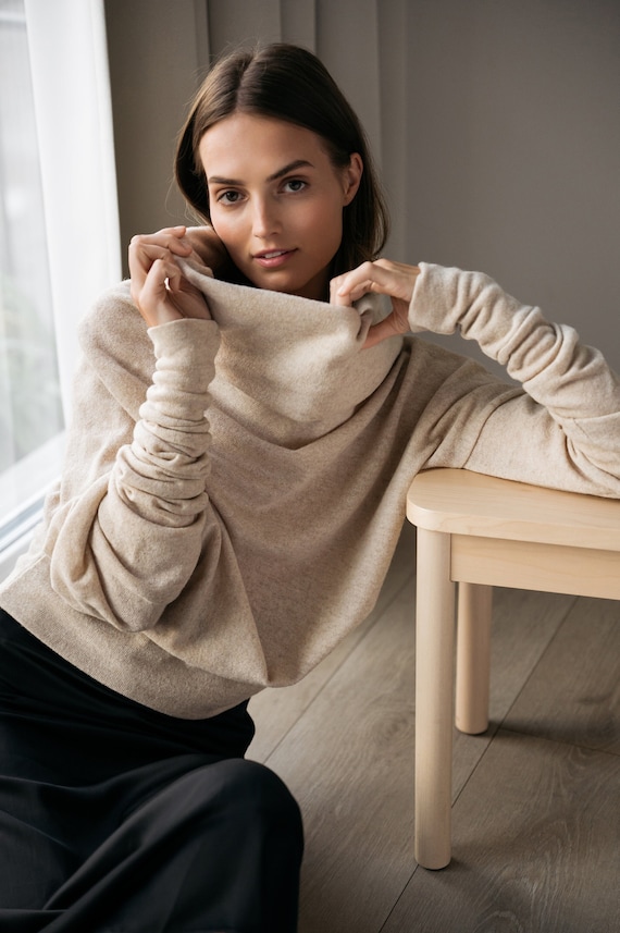 Cream Minimalist Sweater, off Shoulder Sweater, Asymmetrical Sweater, Wool  Sweater, Elegant Sweater, Fall Clothing, Comfy Clothes, Warm 