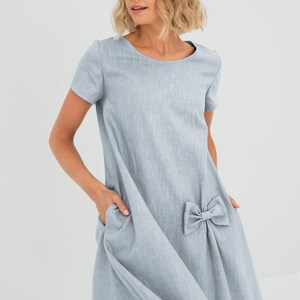 Wedding Guest Dress, Formal Linen Dress, Womens Clothing, Cocktail Dress, Linen Dress, Bow Dress, Elegant Dress, Loose Linen Dress, LeMuse Light Blue