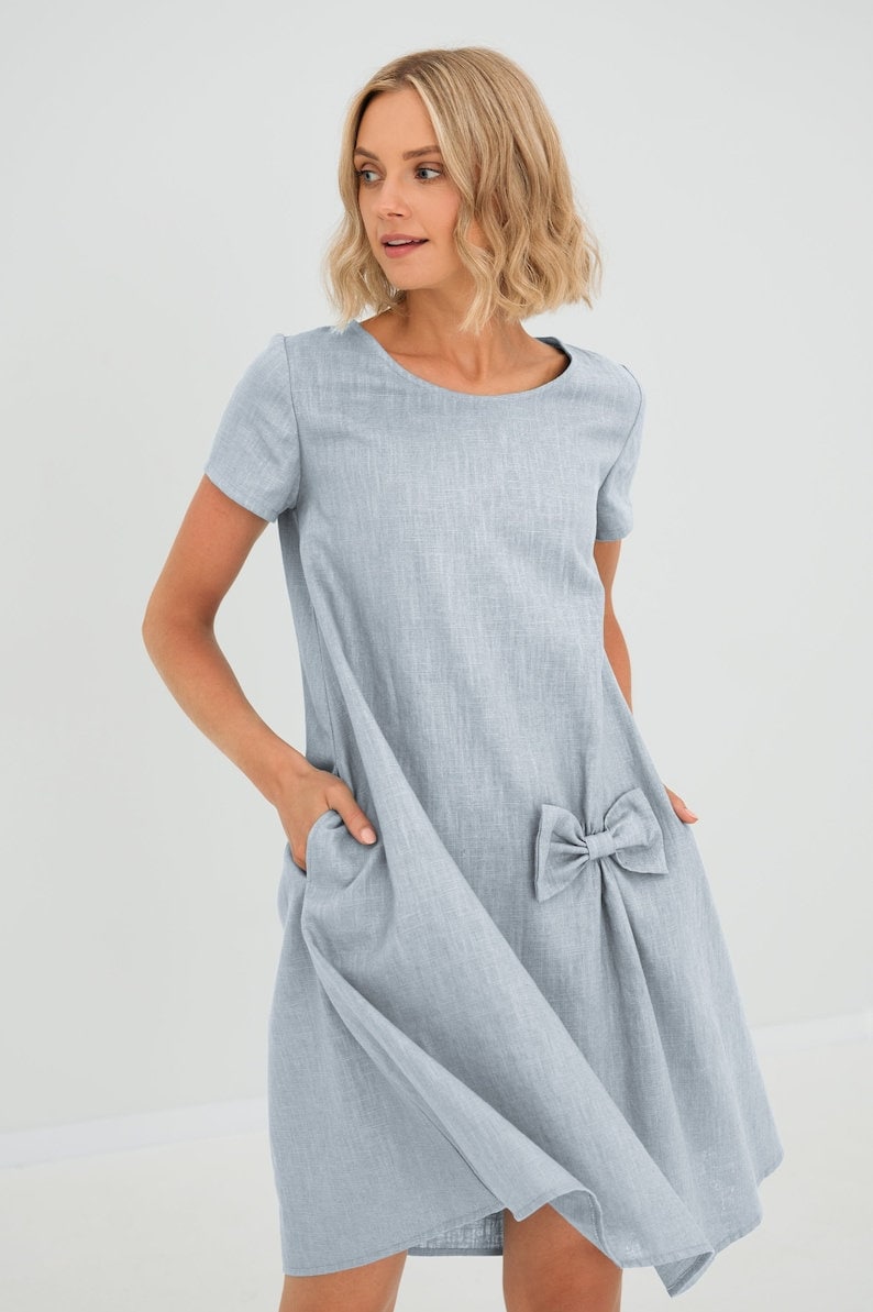Wedding Guest Dress, Formal Linen Dress, Womens Clothing, Cocktail Dress, Linen Dress, Bow Dress, Elegant Dress, Loose Linen Dress, LeMuse Light Blue