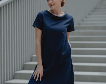 Deep blue business casual secretary linen dress with pockets and bow, perfect flax frock for receptionist
