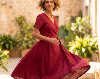 Women's linen clothing, minimalist wrap dress, modest bridesmaid shift short rose frock, summer, spring, fall apparel