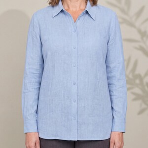 Linen Long-Sleeve Shirt with Concealed Bust Button for Women, Light Blue, Beige, Blue – Soft Shirt by LeMuse