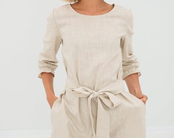 Linen dress with pockets, knee short shift mother of the bride minimalist frock with belt, summer boho wedding guest clothing