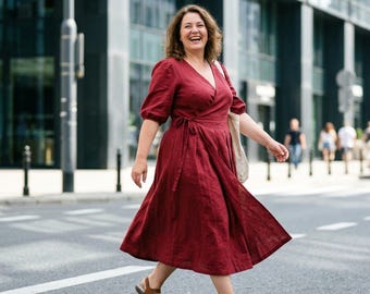 Plus size linen dress with pockets, minimalist wrap clothing, modest bridesmaid shift short rose frock, summer, spring, fall apparel