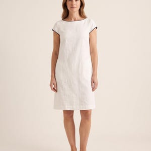 Linen Boat Neck Shift Dress with Navy Piping for Women, White, Light blue, Dusty rose – Riviera by LeMuse