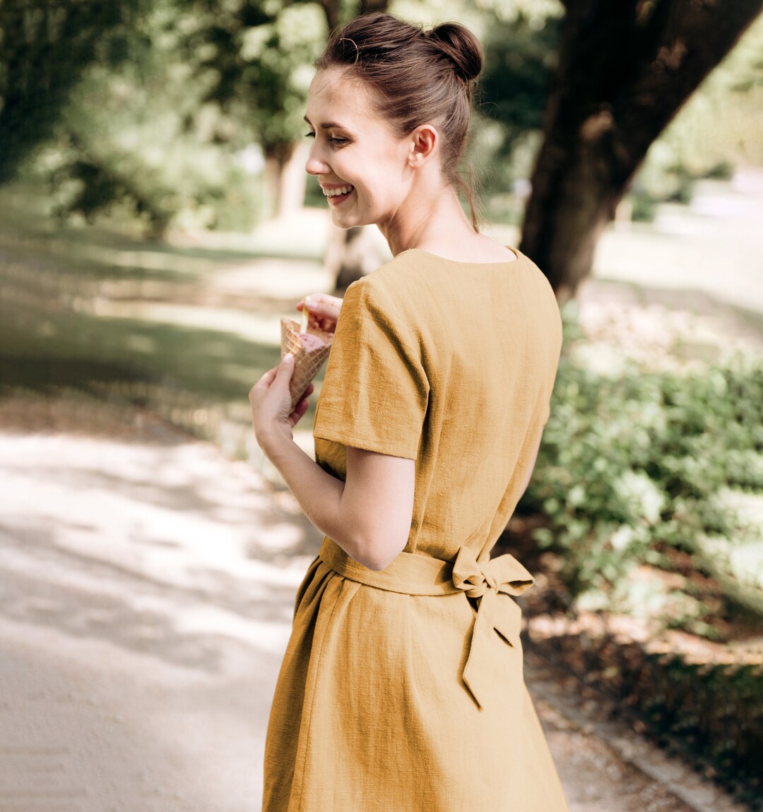 Linen Dress, Yellow Dress, Midi Dress, Summer Linen Dress, Minimalist ...