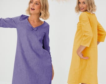 Minimalist summer petite women's clothing, natural shift linen cocktail LeMuse dress, modern bridesmaid frock, spring apparel