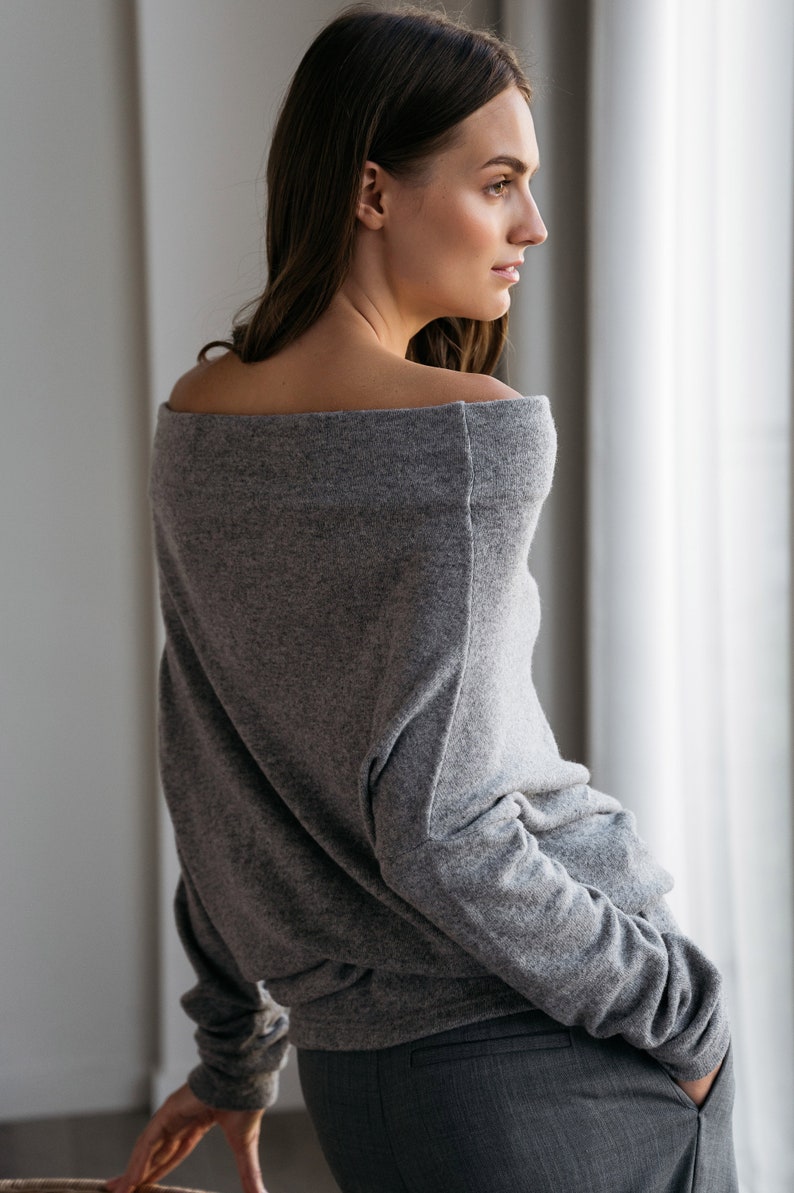 Gray Wool Sweater Women, Minimalist Clothing, Off Shoulder Sweater, Woolen Top, LeMuse Clothing, Knit Pullover, Warm Sweater, Comfy Clothes image 7