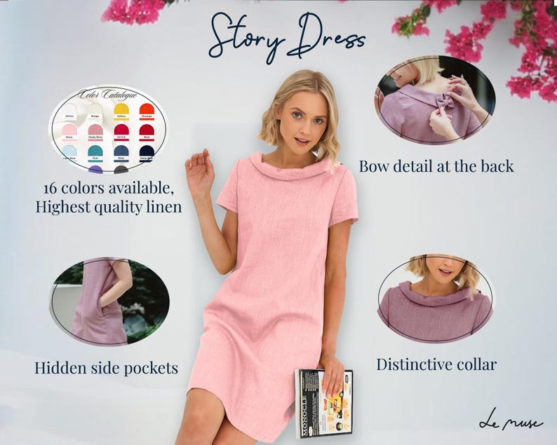 May include: A pink linen dress with a distinctive collar and a bow detail at the back. The dress has hidden side pockets and is available in 16 colors. "Story Dress" and "Le muse" are written on the image.
