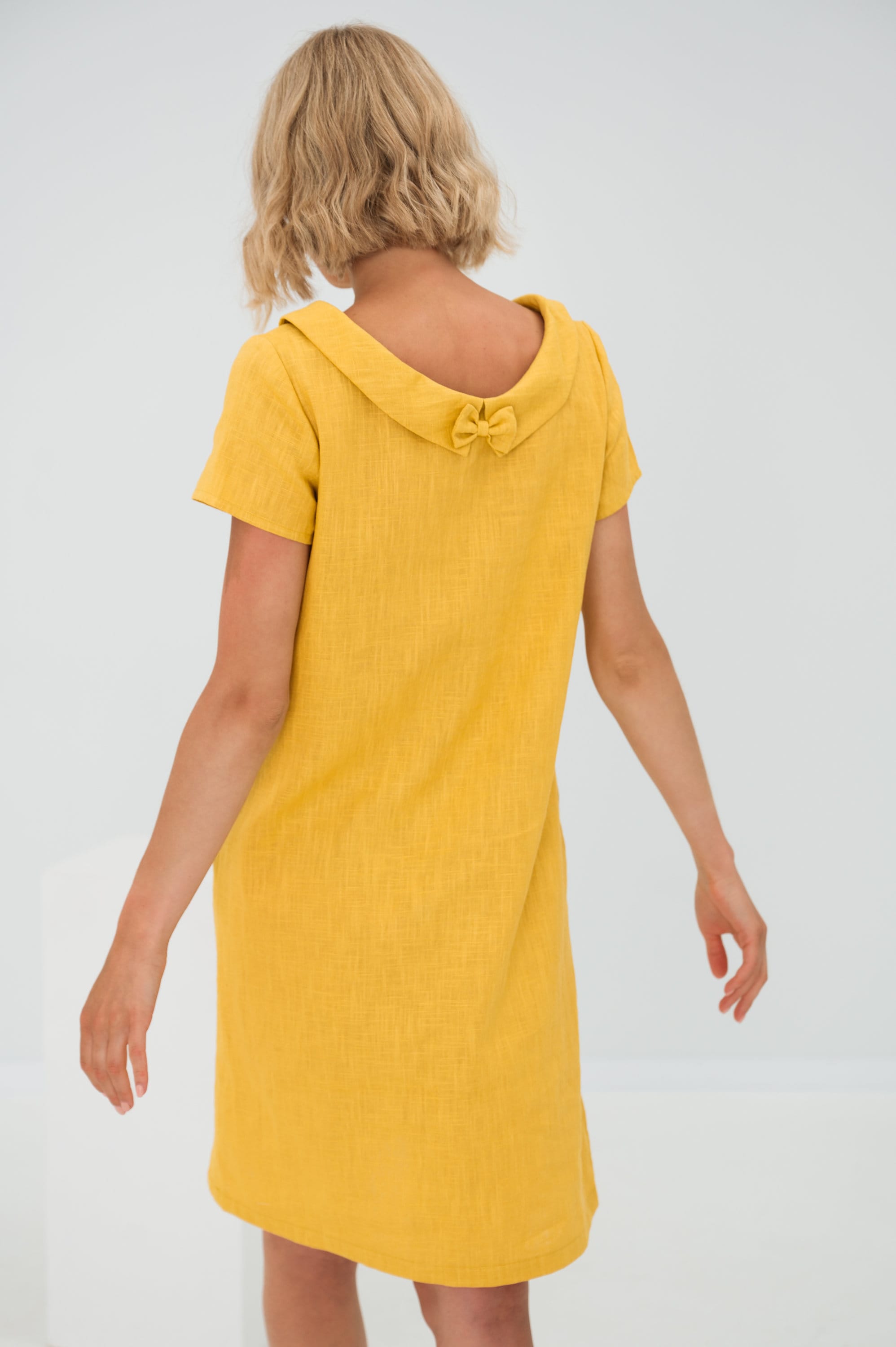 short yellow linen dress Linen Mini Shirt Dress With Pockets, Mustard Yellow Short Sleeved Summer Sundress Casual Minimalist Button Down Sustainable Fashion Clothing