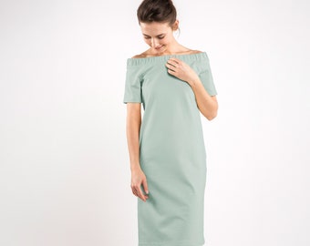 Summer Wedding Guest Dress, Mint Dress, Off Shoulder Dress, Elegant Dress, Midi Dress, Minimalist Clothing, Shift Dress, Viscose Dress