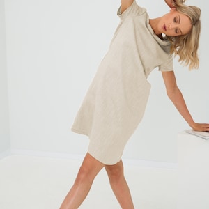 Linen Dress, Women's Clothing, Minimalist Dress With Short Sleeves, Linen Clothing, Modest Linen Dress With Back Ribbon, Beige Dress