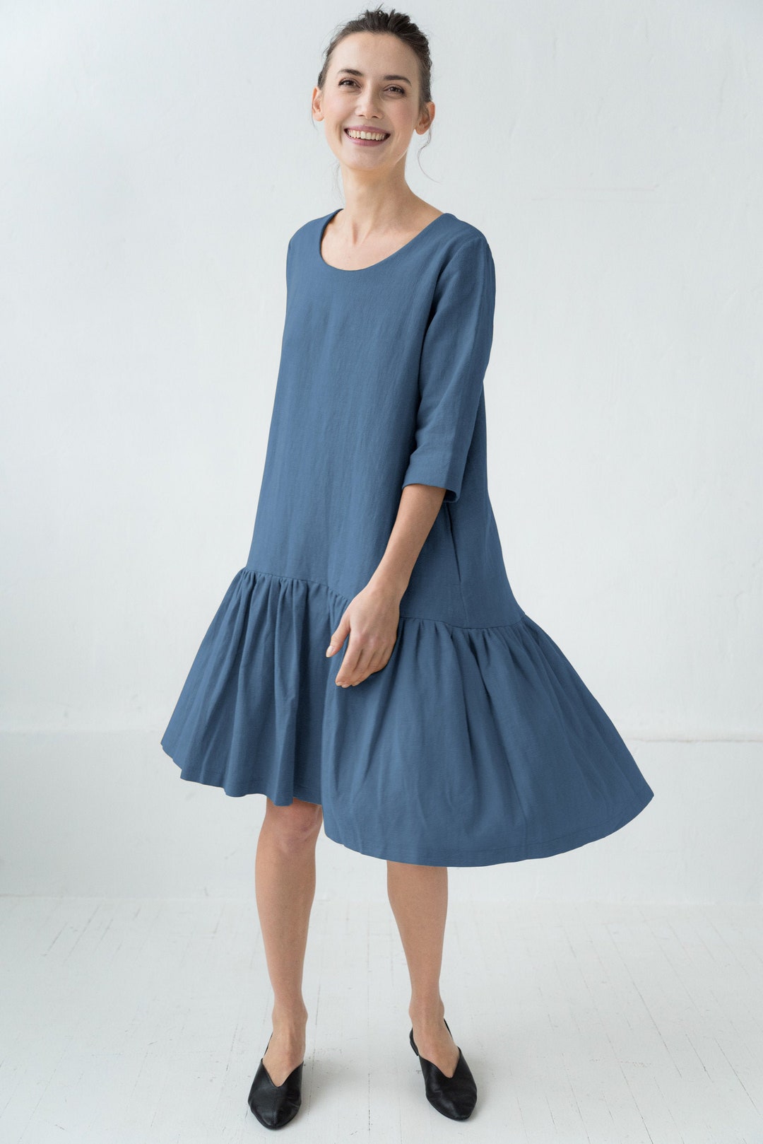 Dress With Sleeves Linen Dress Women Blue Linen Dress Loose - Etsy