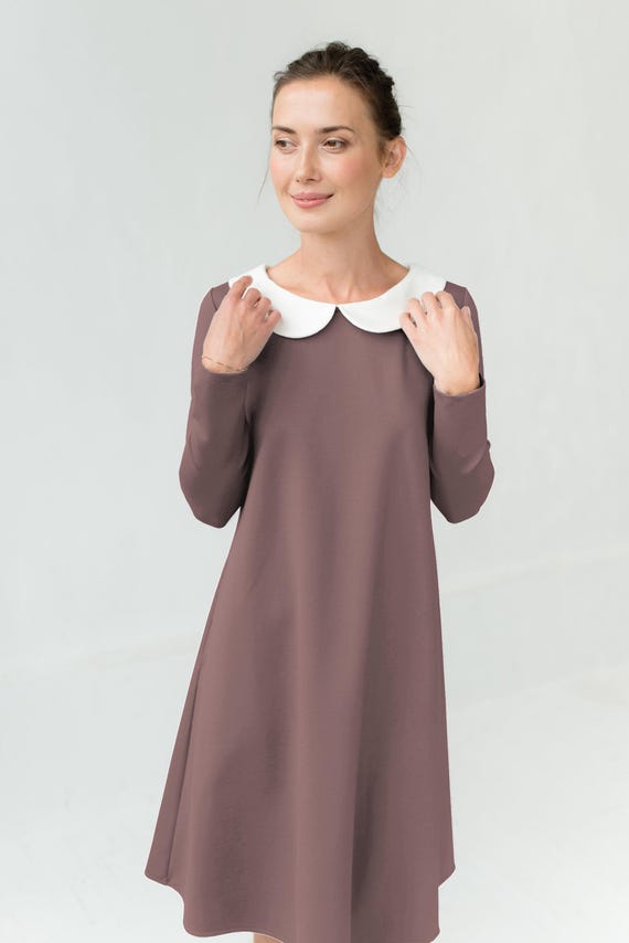 Minimalist Fall and Winter Petite Teacher Dress With Long Sleeves, Cotton Receptionist Clothing With Pockets, Office Classic Short Frock