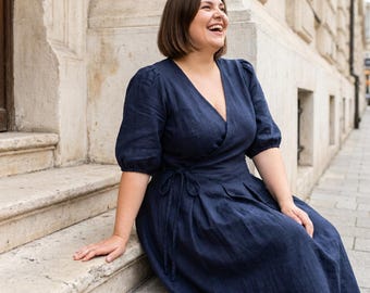 Plus size wrap linen dress with pockets, minimalist clothing, modest bridesmaid shift short rose frock, summer, spring, fall apparel